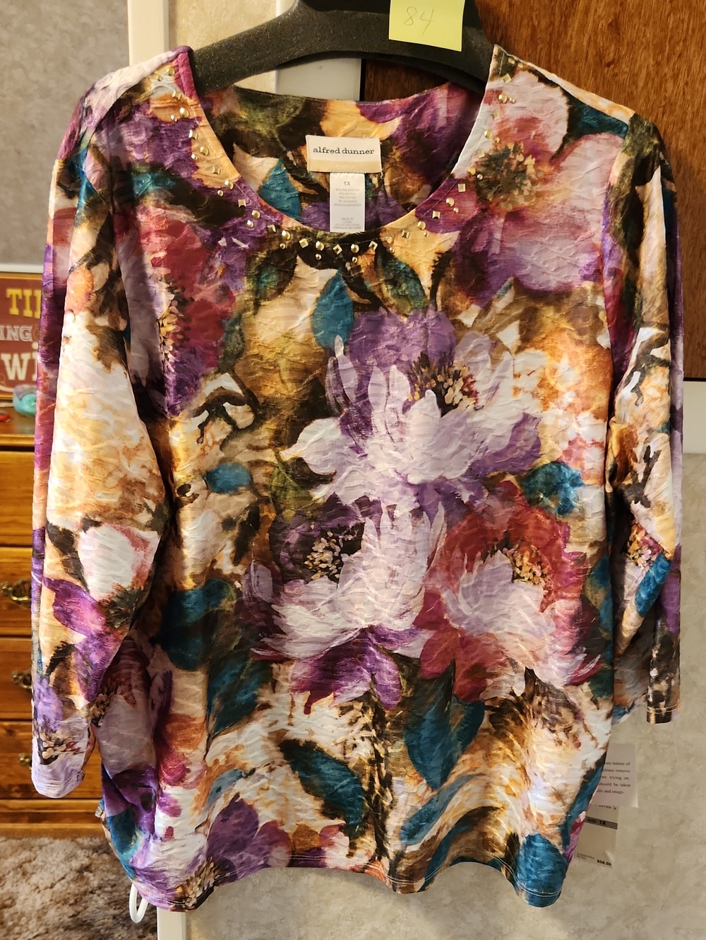 1X New Alfred Dunner Multicolor Floral Top with Studs 3/4 Sleeve List #84 - Picture 1 of 5
